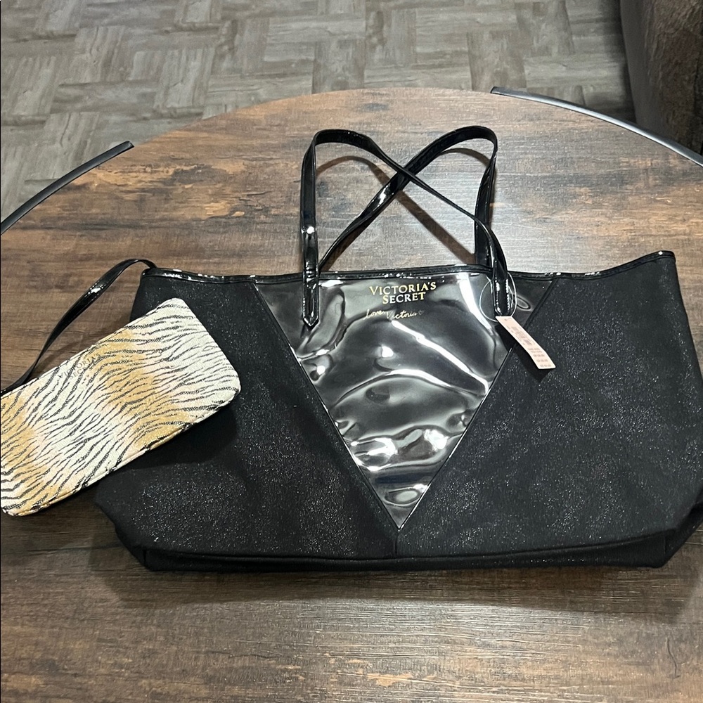NWT Victoria's Secret sparkle Black and Silver Tote with Zebra Print Pouch